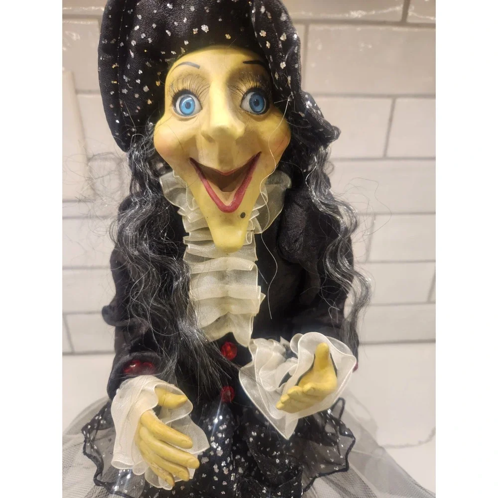 Sitting Halloween Witch with Green Face and Hands Shelf Sitter Dangling Legs